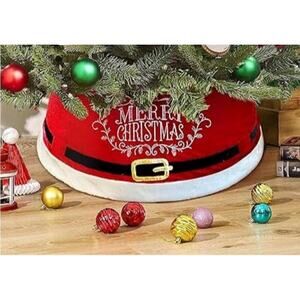 Gerson Red Merry Christmas Santa Tree Collar Base Cover Velvet Tree Ring 30"